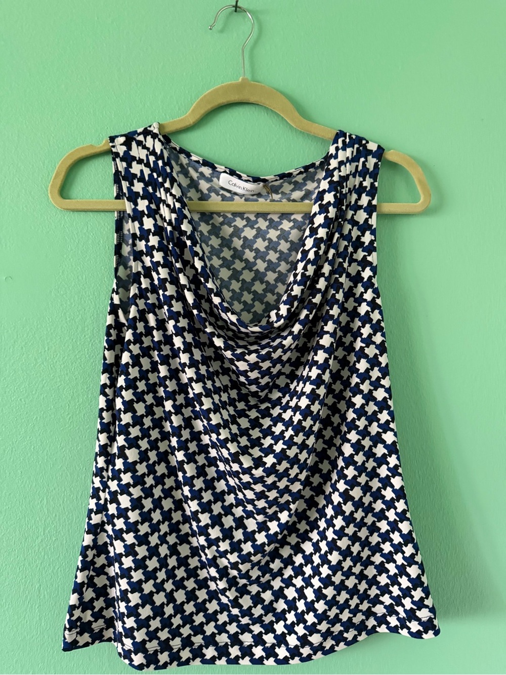 Calvin Klein Navy & White Houndstooth Cowl Neck Tank